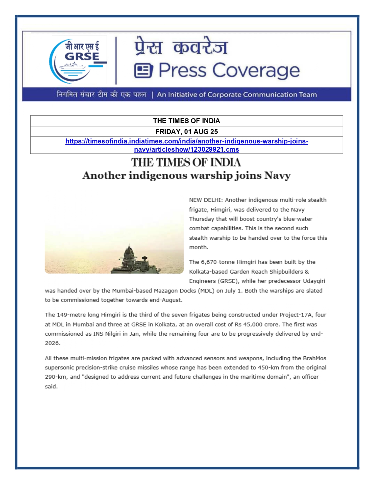 Press Coverage : 1 Aug 25:Another indigenous warship joins Navy